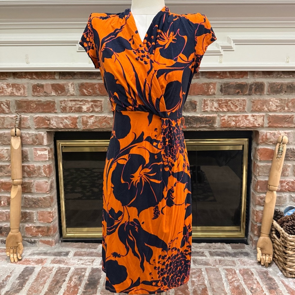 Adrianna Papell Vibrant Orange and Navy Floral Midi Dress / Size 4 / Like New